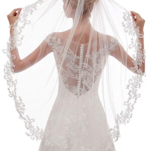 EllieHouse Girls’s Quick Fingertip Lace Bridal Veil with Steel Comb – 1 Tier, 68 Inches