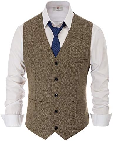 PJ PAUL JONES Males's Slim Match V Neck Waistcoat - Western Herringbone Tweed Wool Mix Go well with Vest