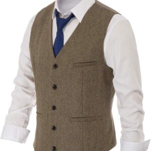 PJ PAUL JONES Males’s Slim Match V Neck Waistcoat – Western Herringbone Tweed Wool Mix Go well with Vest